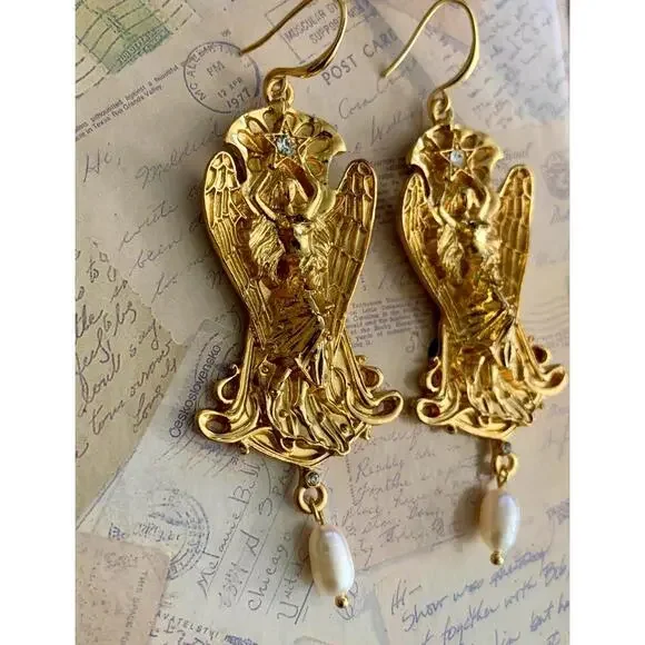 Celestial Angel Goddess Statement Earrings Star Rhinestone Pearl Drop Hooks Boho - Picture 4 of 5